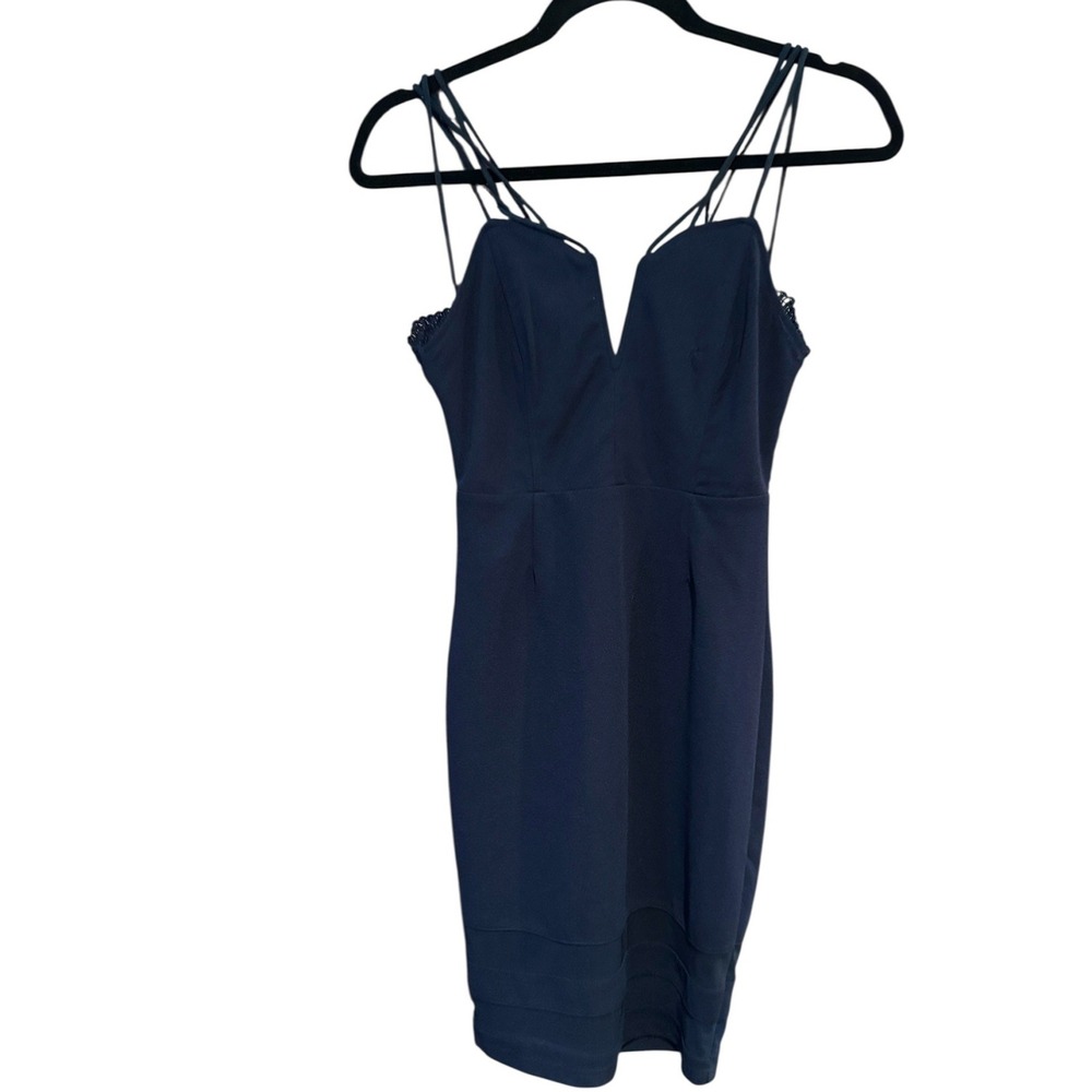 Windsor Navy Blue Lace Back Strappy V-Neck Bodycon Mini Dress Size S NWT